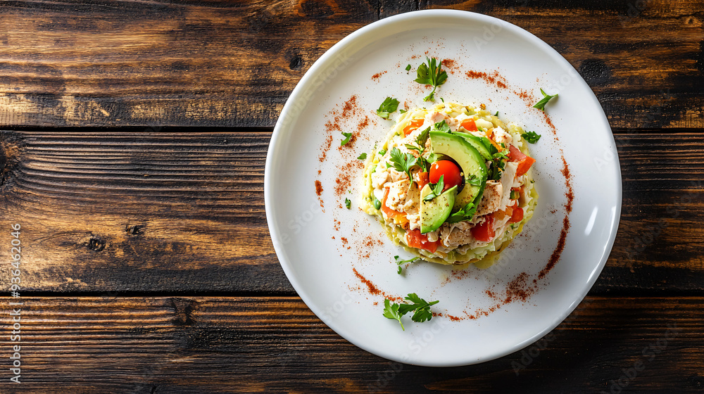 Chicken salad with avocado, tomatoes and herbs is served on a white plate decorated with paprika Chicken salad with avocado, tomatoes and herbs is served on a white plate decorated with paprika