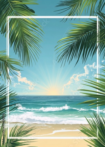 Calm tropical beach with gentle waves and palm trees on a sunny day
