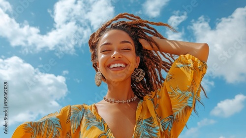 Young woman with braided hair smiles under a bright blue sky on a sunny day
