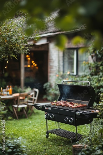 Outdoor picnic table set with drinks in a lush garden during late afternoon
