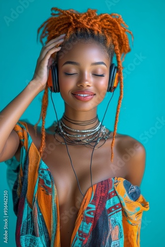 Young woman with orange braids listening to music against a turquoise background