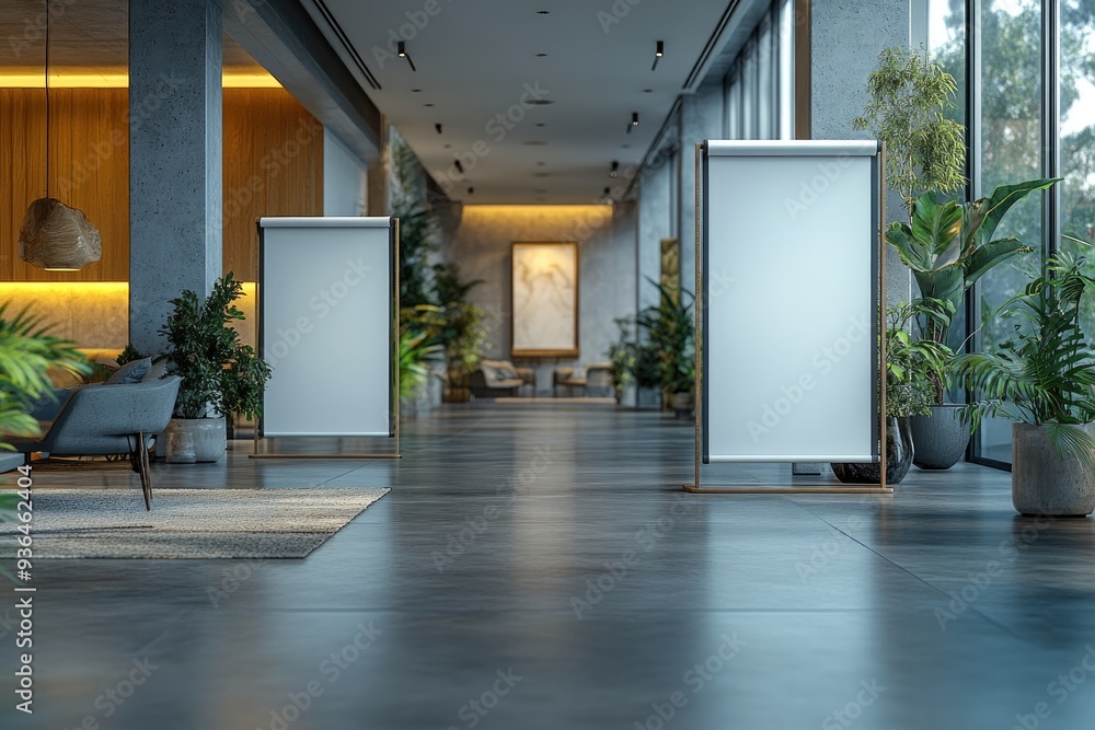 Modern Lobby Interior Design with Blank Signage Modern Lobby Interior Design with Blank Signage