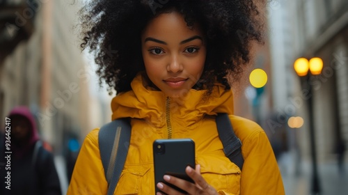Young woman in a yellow raincoat checking her phone on a rainy city street in...