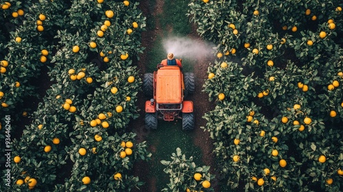 Tractor spraying pesticide in a citrus grove during daytime