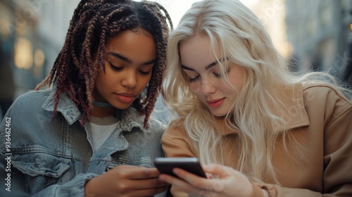 Two young women sharing a moment while looking at a smartphone in a lush, out...