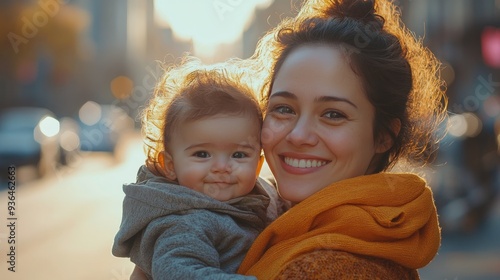 Mother and baby enjoying a sunny day on a city street during golden hour