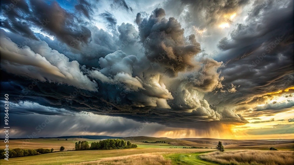 Dramatic cloudscape with thick, grey clouds rolling in, casting a moody shadow over the serene landscape, with a hint of sunlight peeking through. Dramatic cloudscape with thick, grey clouds rolling in, casting a moody shadow over the serene landscape, with a hint of sunlight peeking through.