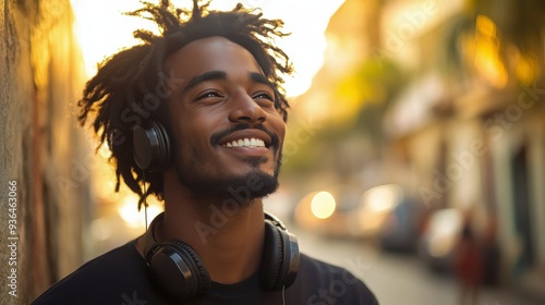 Young man enjoying autumn outdoors while listening to music with headphones