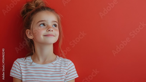 Young girl with long hair stands against a vibrant red wall during daylight