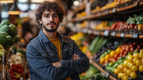 Young man selecting fresh produce in a grocery store during the daytime