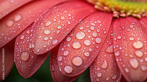   A close-up of a red flower with water droplets and a green stem with a yellow center
