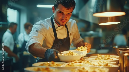 Young chef presenting a plated dish in a busy restaurant kitchen during dinne...