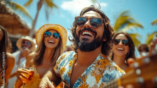 Group of friends enjoying a lively beach party with music and drinks on a sun...