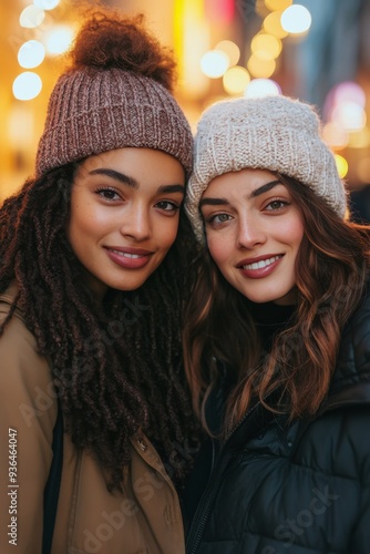 Two friends in sunglasses enjoying a sunny day on a city street