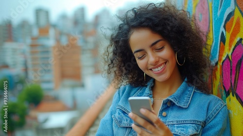 Young woman smiling while taking a selfie at sunset on a rooftop in an urban ...