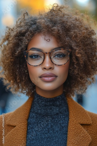Young woman with curly hair and glasses poses confidently on a city street du...