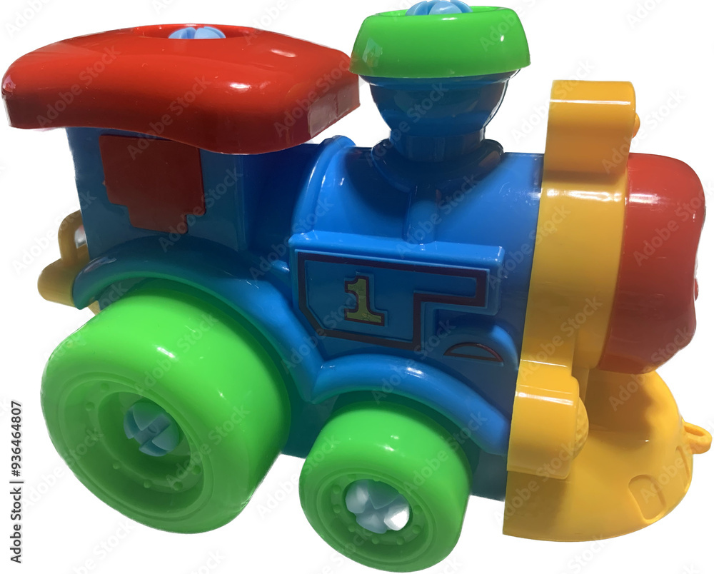 Fototapeta premium toy train on a white background, Colorful Plastic Steam locomotive toy die cut