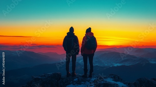 Couple standing on a mountain top at sunset, overlooking a breathtaking lands...