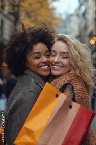 Two friends joyfully embrace while shopping on a busy city street during the ...