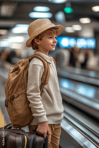 Young traveler with a backpack wearing a straw hat at an airport during daytime