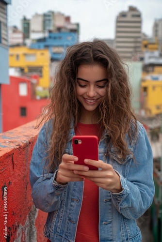 Young woman with curly hair using smartphone in colorful urban setting