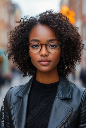 Young woman with curly hair and glasses poses confidently on a city street du...