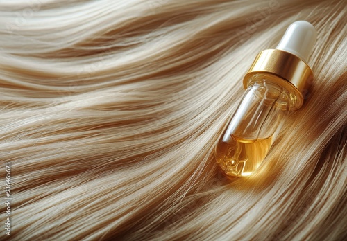Hair oil dropper resting on soft blonde waves in a serene setting