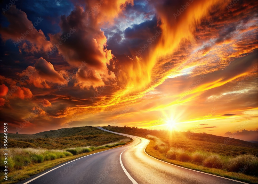 Naklejka premium Dramatic sunset casts a warm glow on a serpentine road disappearing into a tempestuous horizon, emblematic of life's turbulent path towards clarity and tranquility.