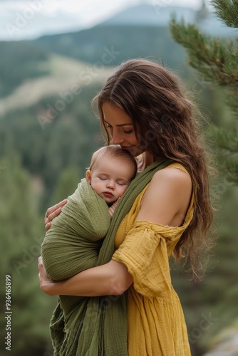 Mother holds her sleeping baby in a green wrap during a serene indoor afternoon
