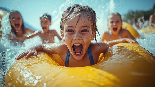 Children enjoying a sunny day at the pool with a yellow inner tube