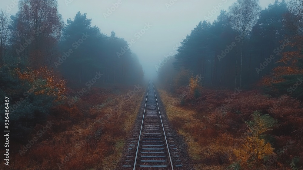 Foggy railroad track through autumn forest landscape in a rural setting Foggy railroad track through autumn forest landscape in a rural setting