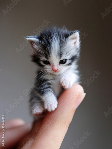 Adorable Tiny Kitten Perched on the Tip of a Human Finger, Captured in a Detailed Close-Up, Highlighting Its Delicate Features and Innocent Expression photo