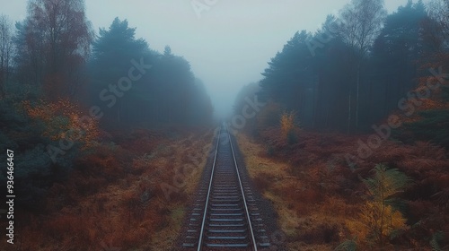 Foggy railroad track through autumn forest landscape in a rural setting
