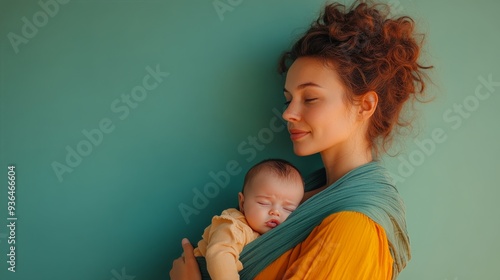 Mother cradling sleeping baby in a light turquoise setting