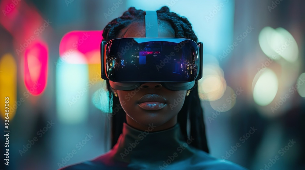 Young person using virtual reality headset indoors during winter season Young person using virtual reality headset indoors during winter season