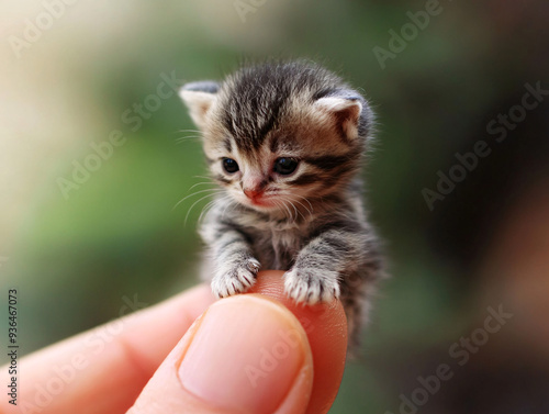 Adorable Tiny Kitten Perched on the Tip of a Human Finger, Captured in a Detailed Close-Up, Highlighting Its Delicate Features and Innocent Expression photo