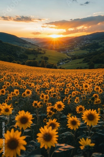 Sunflowers blooming at sunset in a hillside field