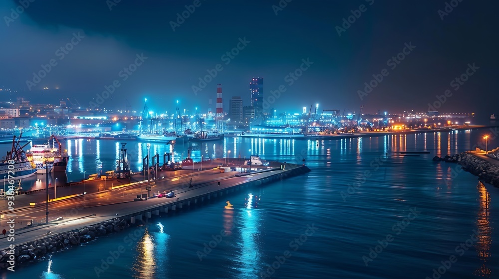 open port at night and in the background the sea and buildings with lights open port at night and in the background the sea and buildings with lights