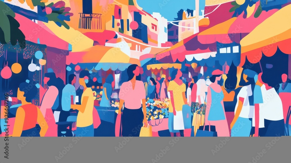Vibrant stalls line the street as shoppers browse and engage in conversation, creating a lively atmosphere amidst colorful awnings