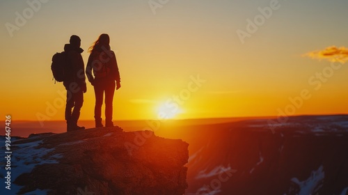 Couple standing on a mountain top at sunset, overlooking a breathtaking lands...