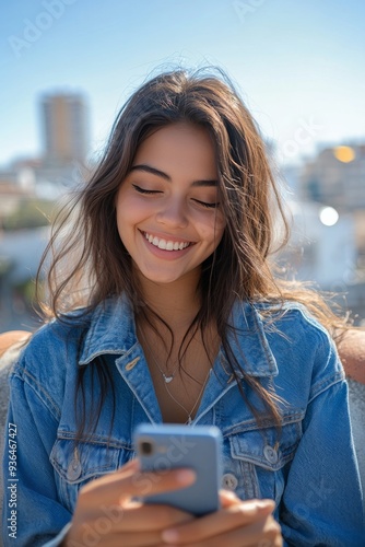 Young woman with curly hair using smartphone in colorful urban setting