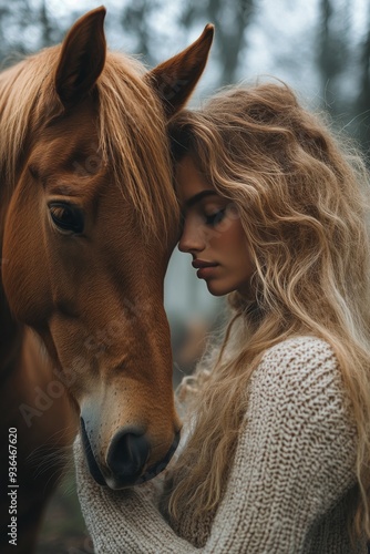 Young woman with flowing hair gently resting against a brown horse in a misty...