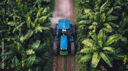 Tractor spraying pesticide in a citrus grove during daytime