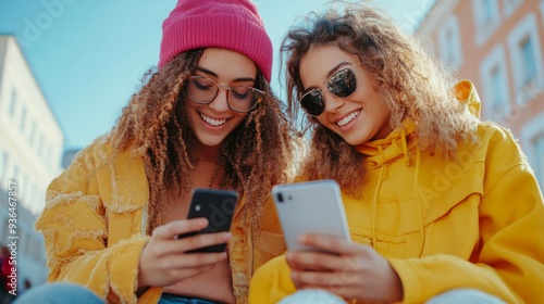 Friends enjoying a winter day outdoors, sharing laughter while looking at a s...