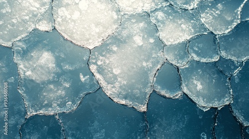 Cracked blue ice with clear water beneath at a frozen lake during winter