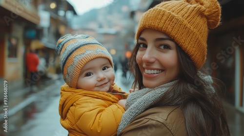 Mother and baby enjoying a sunny day on a city street during golden hour