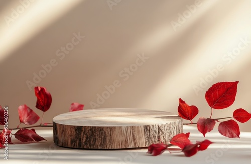 Natural wood display stand with red leaves and soft lighting in a minimalist ...