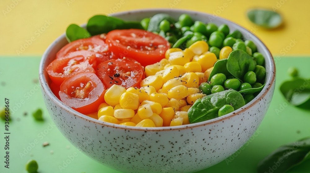 Fresh spinach salad with tomatoes, corn, and peas on a green background Fresh spinach salad with tomatoes, corn, and peas on a green background