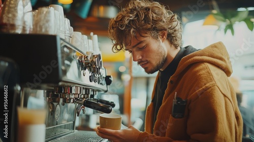 Barista making espresso with a coffee machine in a cozy cafe during morning h...