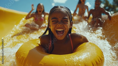 Children enjoying a sunny day at the pool with a yellow inner tube